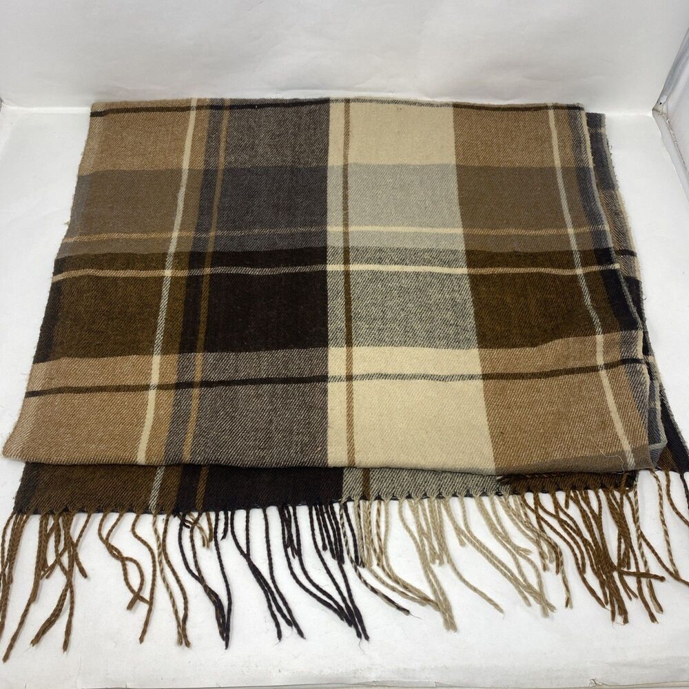 Self Service Plaid Scarf Brown Gray Beige Fringe Winter Wrap Cashmere